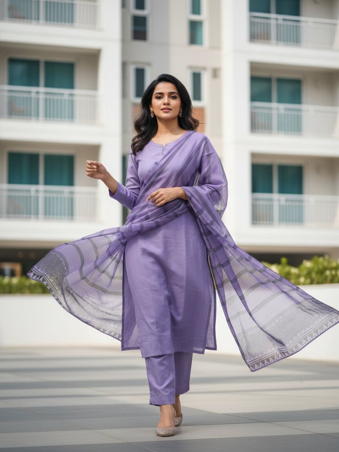 Purple 3 Piece Kurta Set for Women with Printed Dupatta | Elegant Straight Kurti Pant Set | Office Wear, Festive Wear & Daily Wear Ethnic Suit