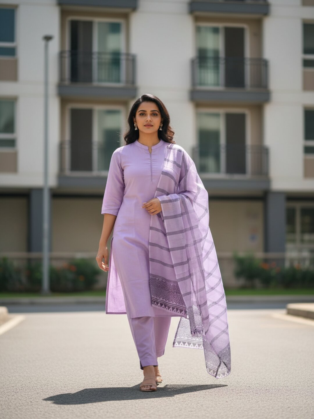 Lavender 3 Piece Kurta Set for Women with Printed Dupatta | Elegant Straight Kurti Pant Set | Trending Ethnic Wear for Office, Festive & Daily Wear