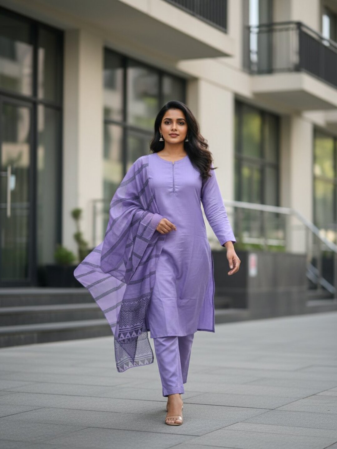 Purple 3 Piece Kurta Set for Women with Printed Dupatta | Elegant Straight Kurti Pant Set | Office Wear, Festive Wear & Daily Wear Ethnic Suit