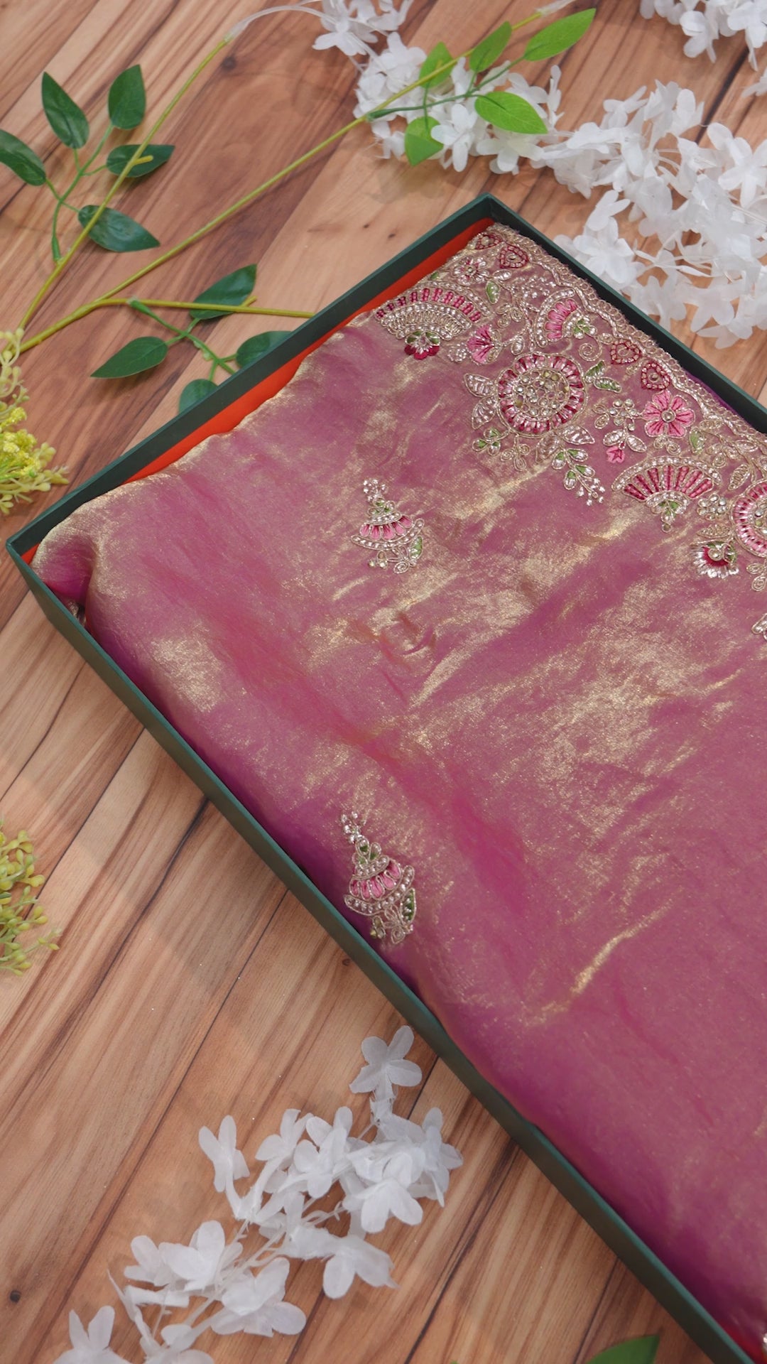 Sea Green shimmer silk Saree with Pink & Gold Floral Embroidery Border
