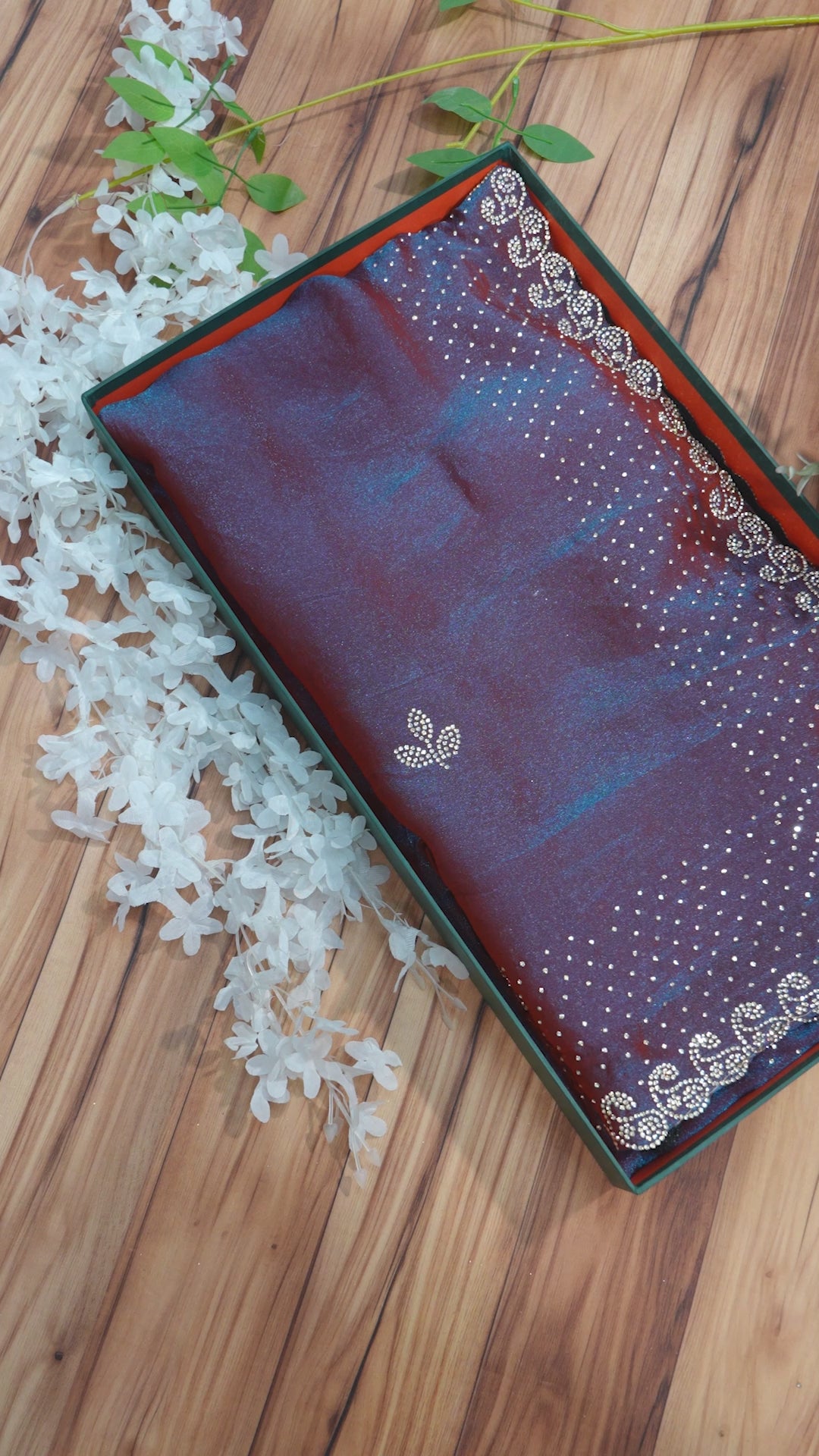 Elegant Copper shade Shimmer Saree with Crystal Stone Work Border