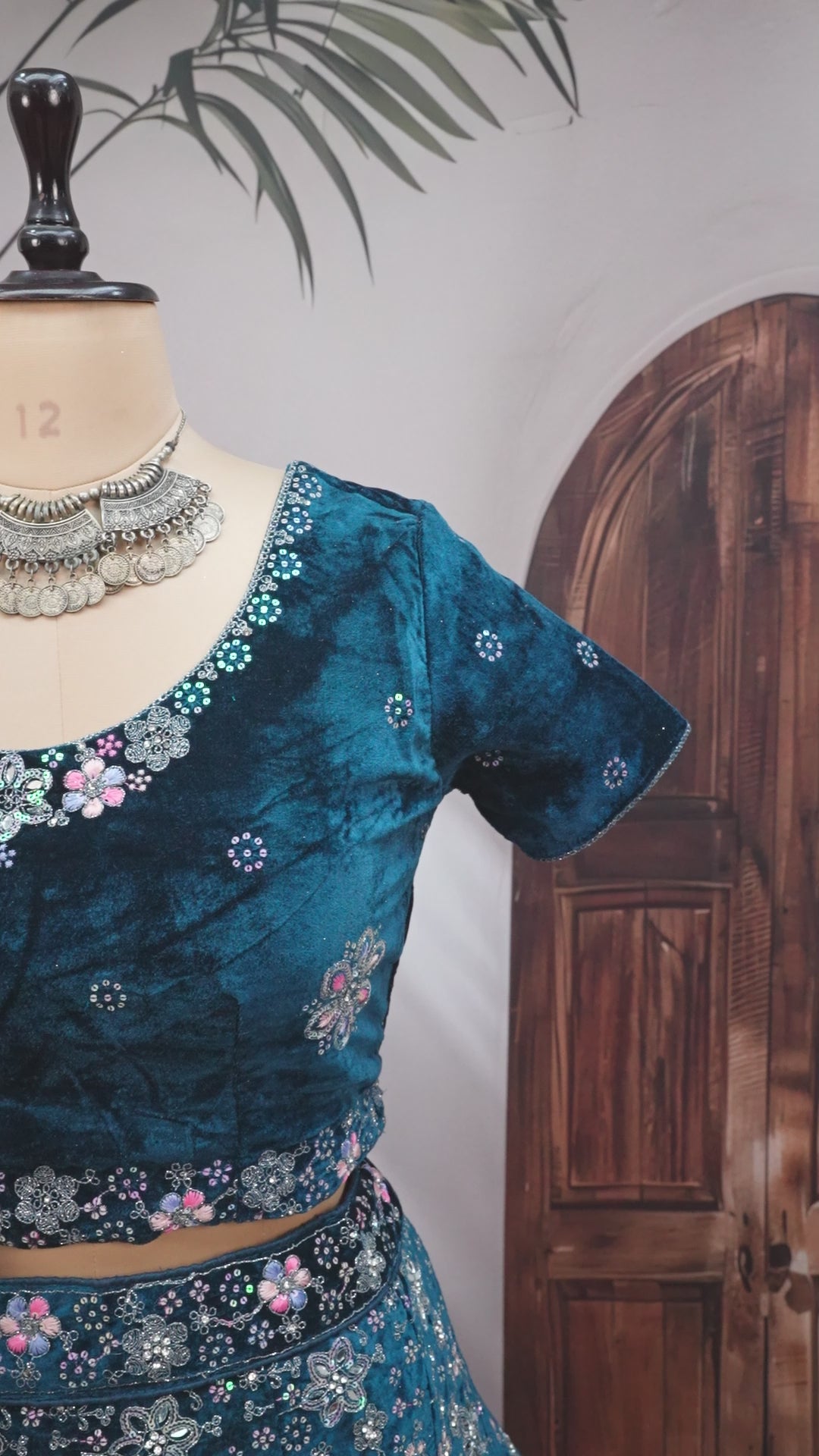 blue Velvet Lehenga Choli with Heavy Floral Embroidery & Net Dupatta