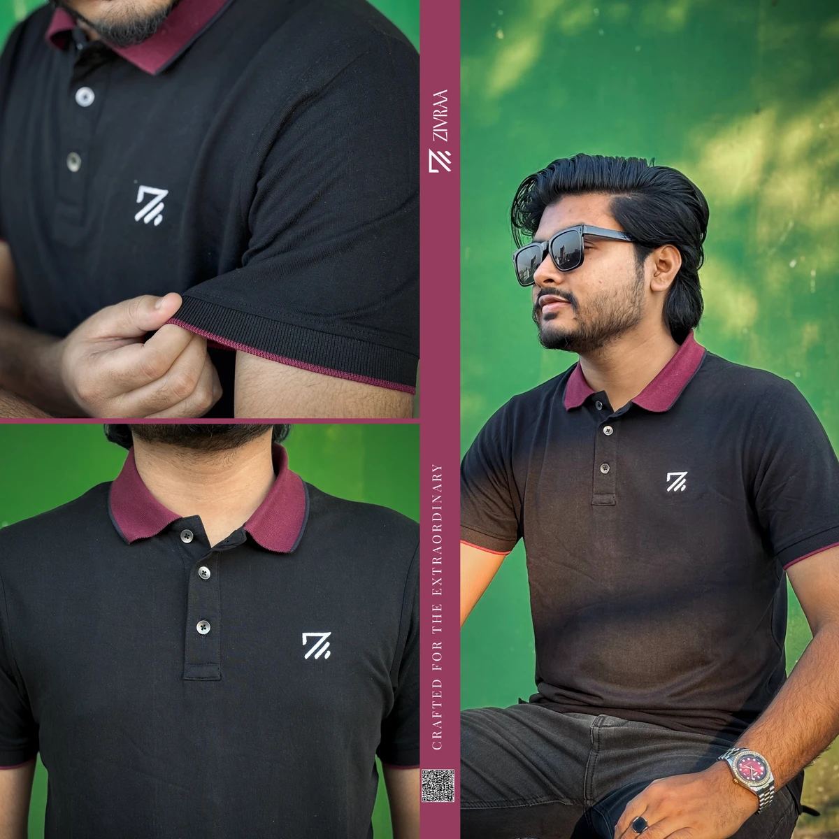 Single Jersey Knitted Cotton Polo - Black